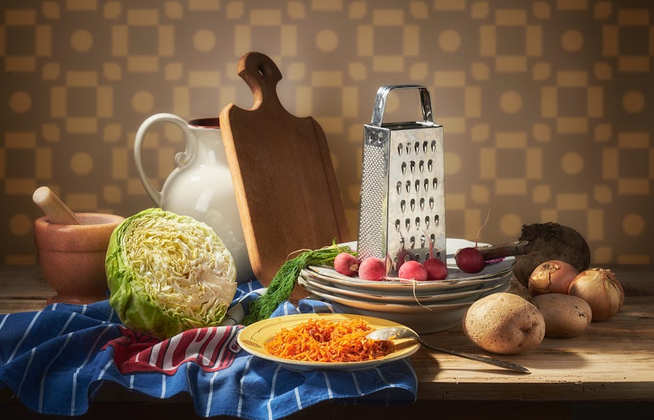 A cozy kitchen scene featuring vegetables, a grater, and rustic utensils ready for cooking.